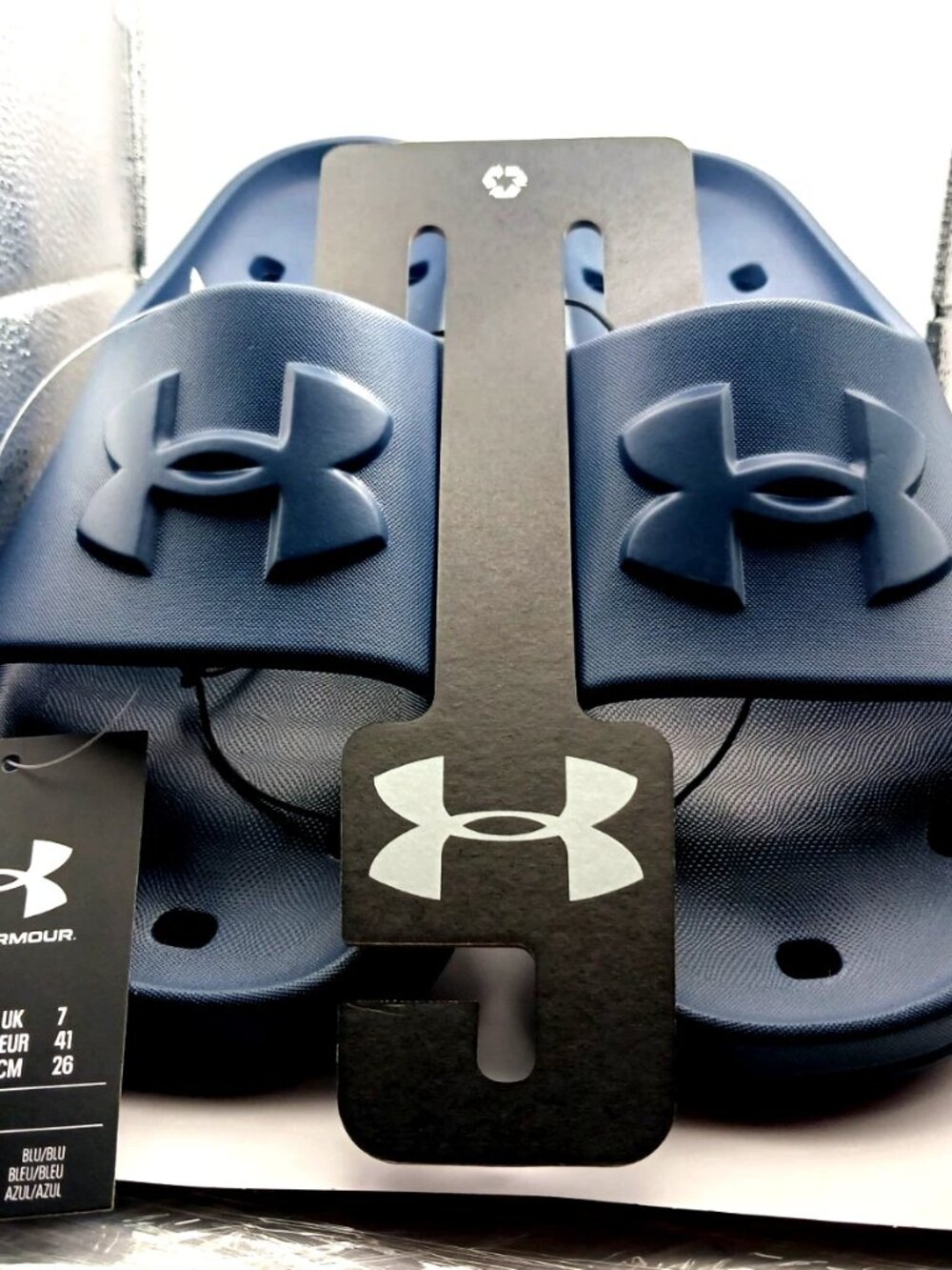 Mens Under Armour Locker V Slides-Sandals Size 8 New Tags Navy Blue+  Socks
